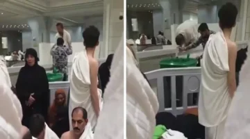 شاهد لحظة تدخل رجل أمن مع معتمر يصلي على حافة سياج المسجد الحرام